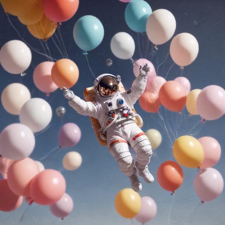 an astronaut holding baloons